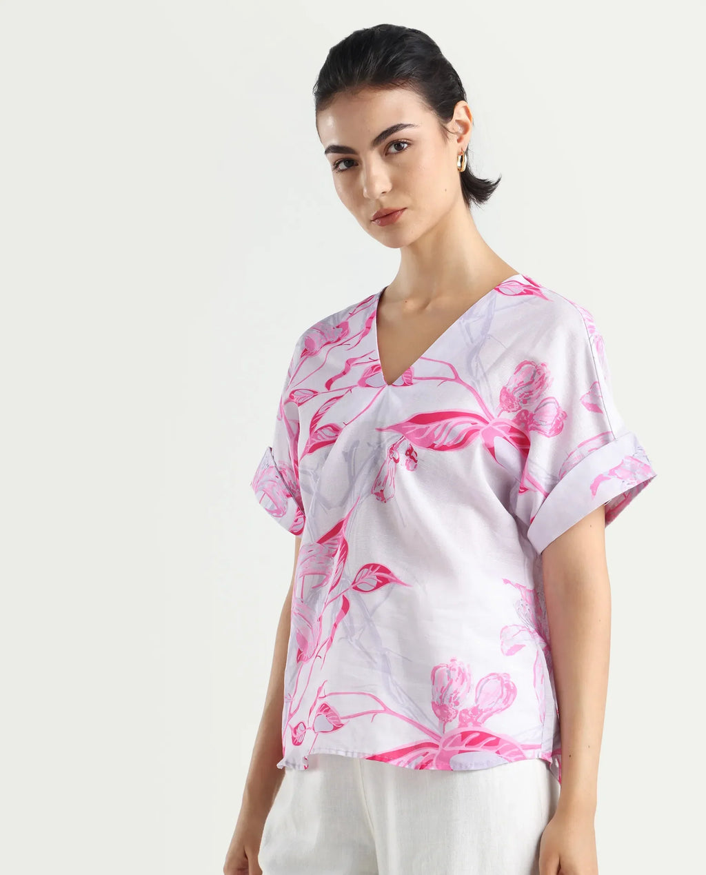 Rareism Women's Kyor Sc Dusky Purple Cotton Blend V-Neck Floral Print Extended Sleeves Regular Fit Top