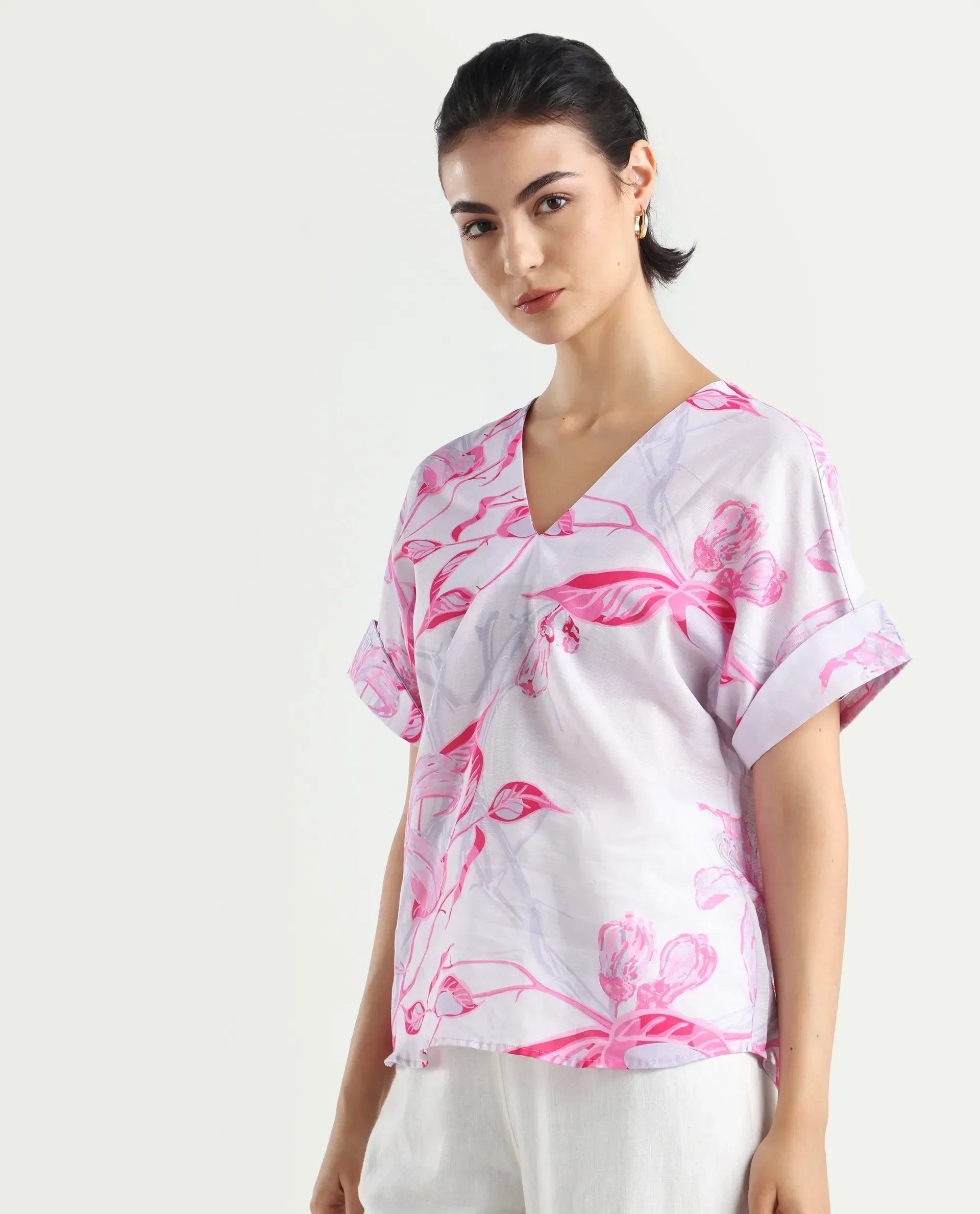 Rareism Women's Kyor Sc Dusky Purple Cotton Blend V-Neck Floral Print Extended Sleeves Regular Fit Top