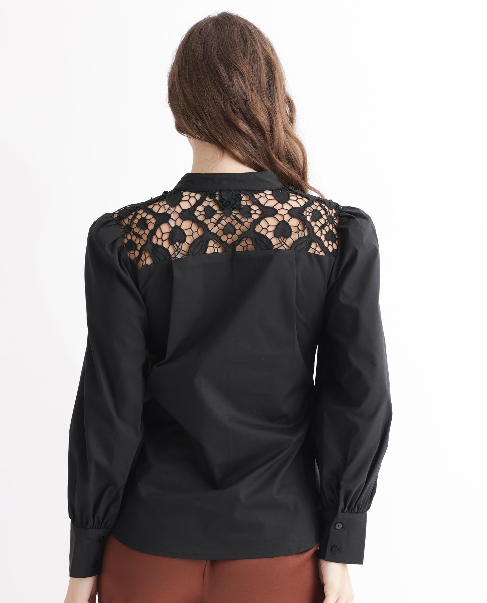 Rareism Women's Laam Black Cotton Blend Mandarin Collar Plain Balloon Sleeve Regular Fit Top