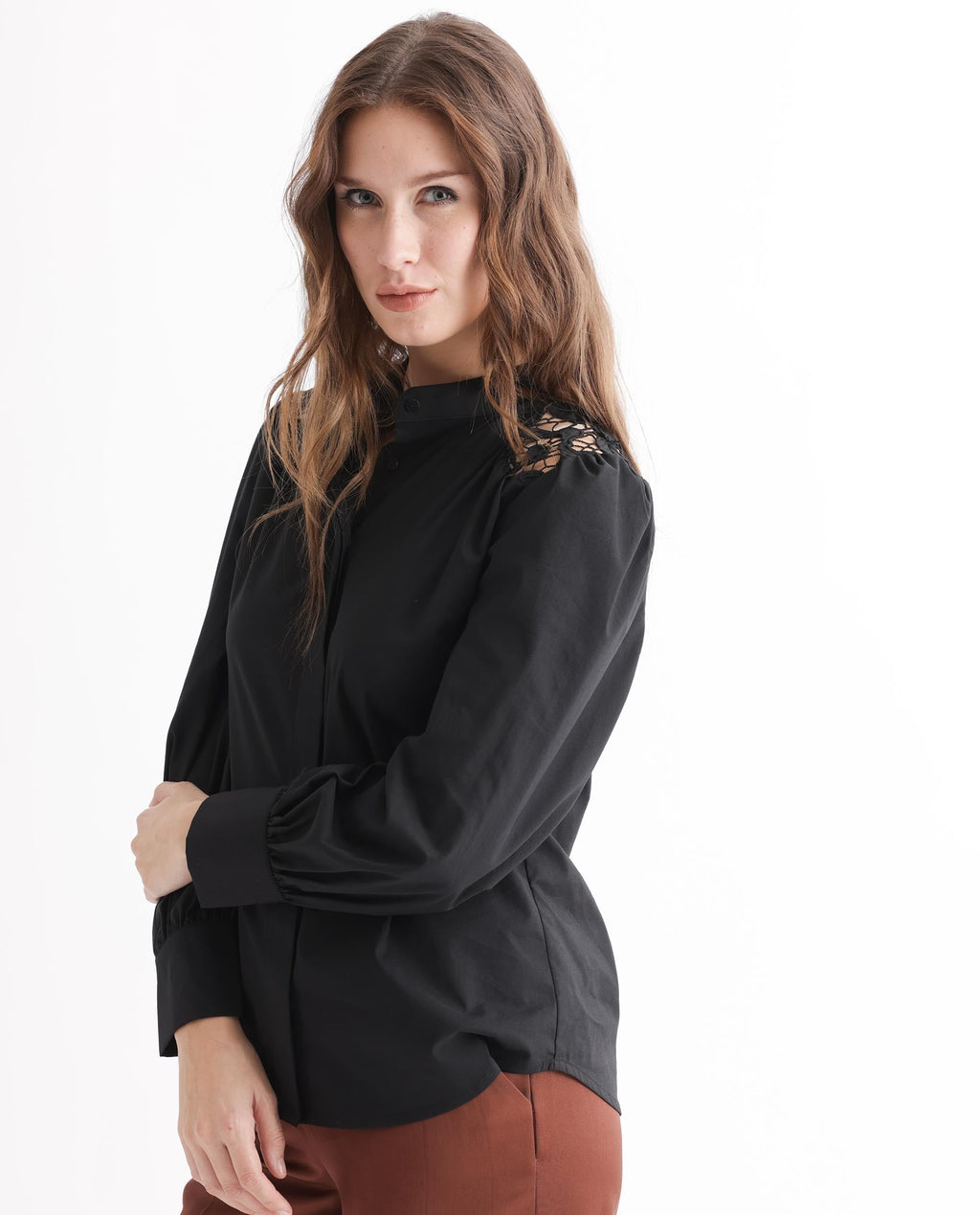 Rareism Women's Laam Black Cotton Blend Mandarin Collar Plain Balloon Sleeve Regular Fit Top