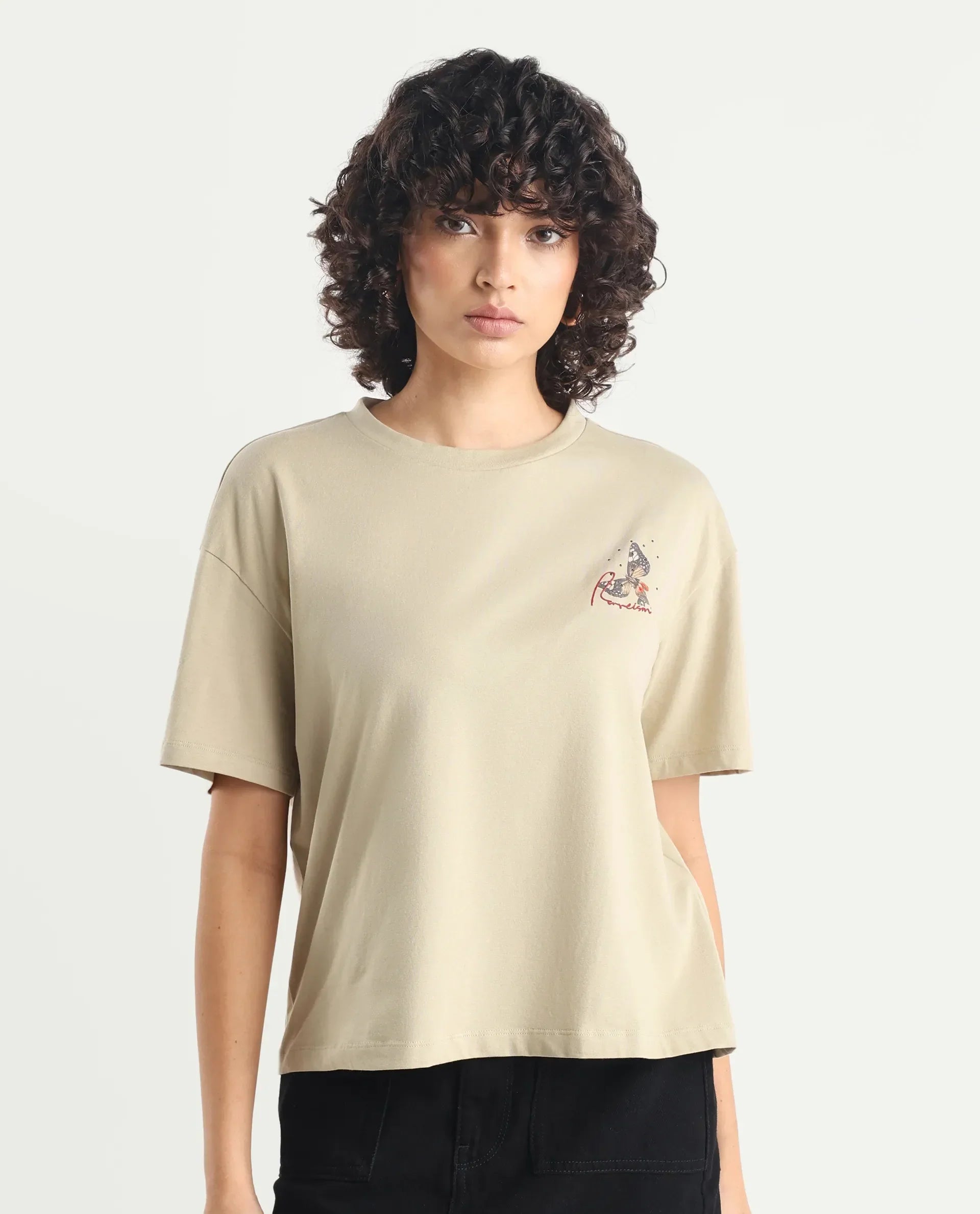 Rareism Women's Ladio Khaki Cotton Blend Crew Neck Graphic Print Relaxed Fit T-Shirt