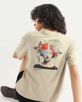Rareism Women's Ladio Khaki Cotton Blend Crew Neck Graphic Print Relaxed Fit T-Shirt