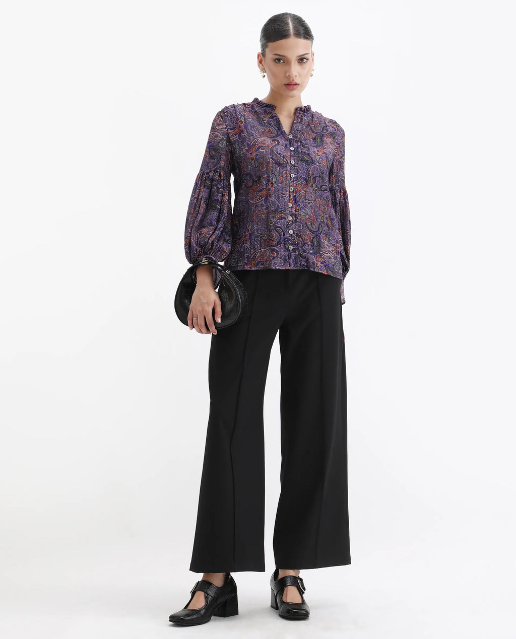 Rareism Women's Lafia Multi Viscose V-Neck Paisley Print Lantern Sleeve Regular Fit Top