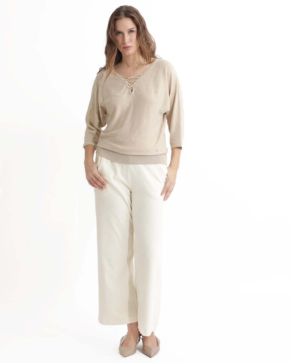 Rareism Women's Laine Beige Viscose V-Neck Plain Kimono Sleeve Regular Fit Top