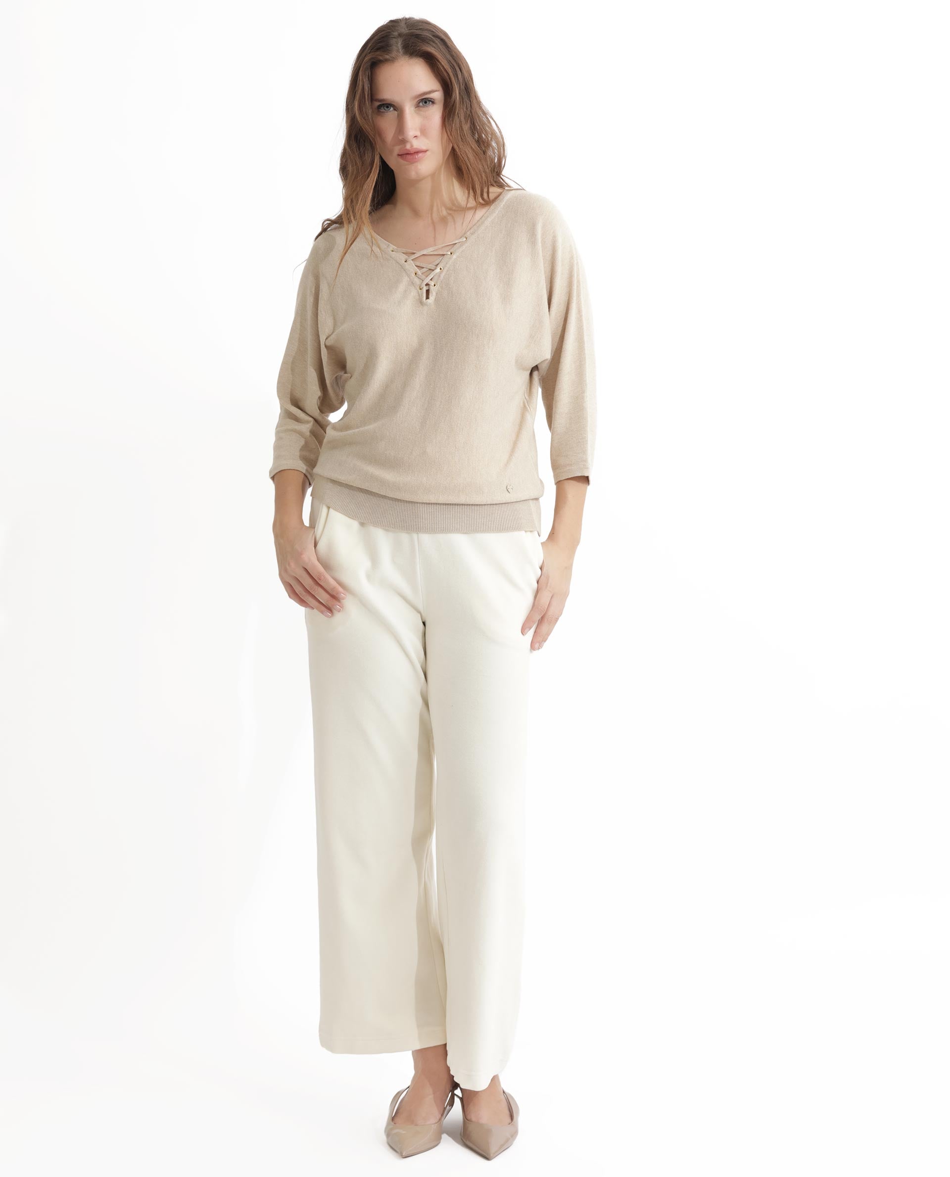 Rareism Women's Laine Beige Viscose V-Neck Plain Kimono Sleeve Regular Fit Top