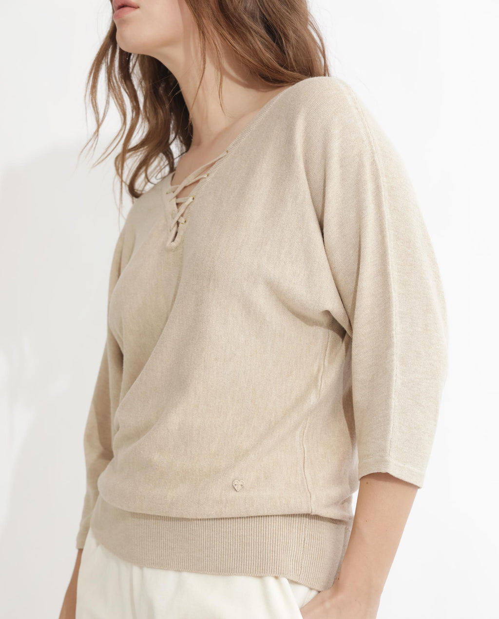 Rareism Women's Laine Beige Viscose V-Neck Plain Kimono Sleeve Regular Fit Top