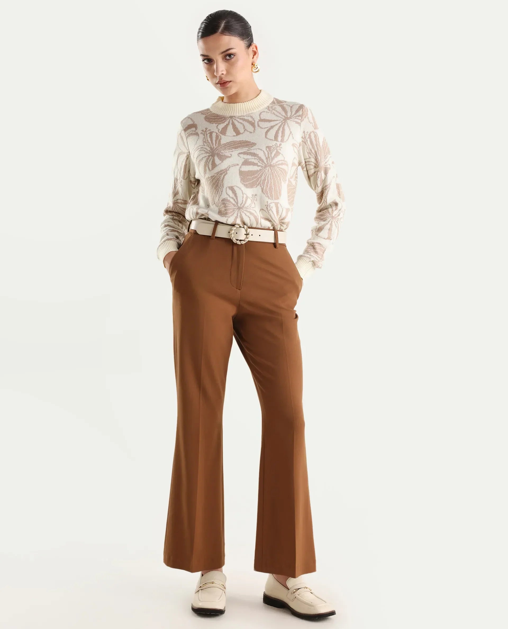 Rareism Women's Lakent Beige Acrylic Crew Neck Jacquard Regular Fit Sweater