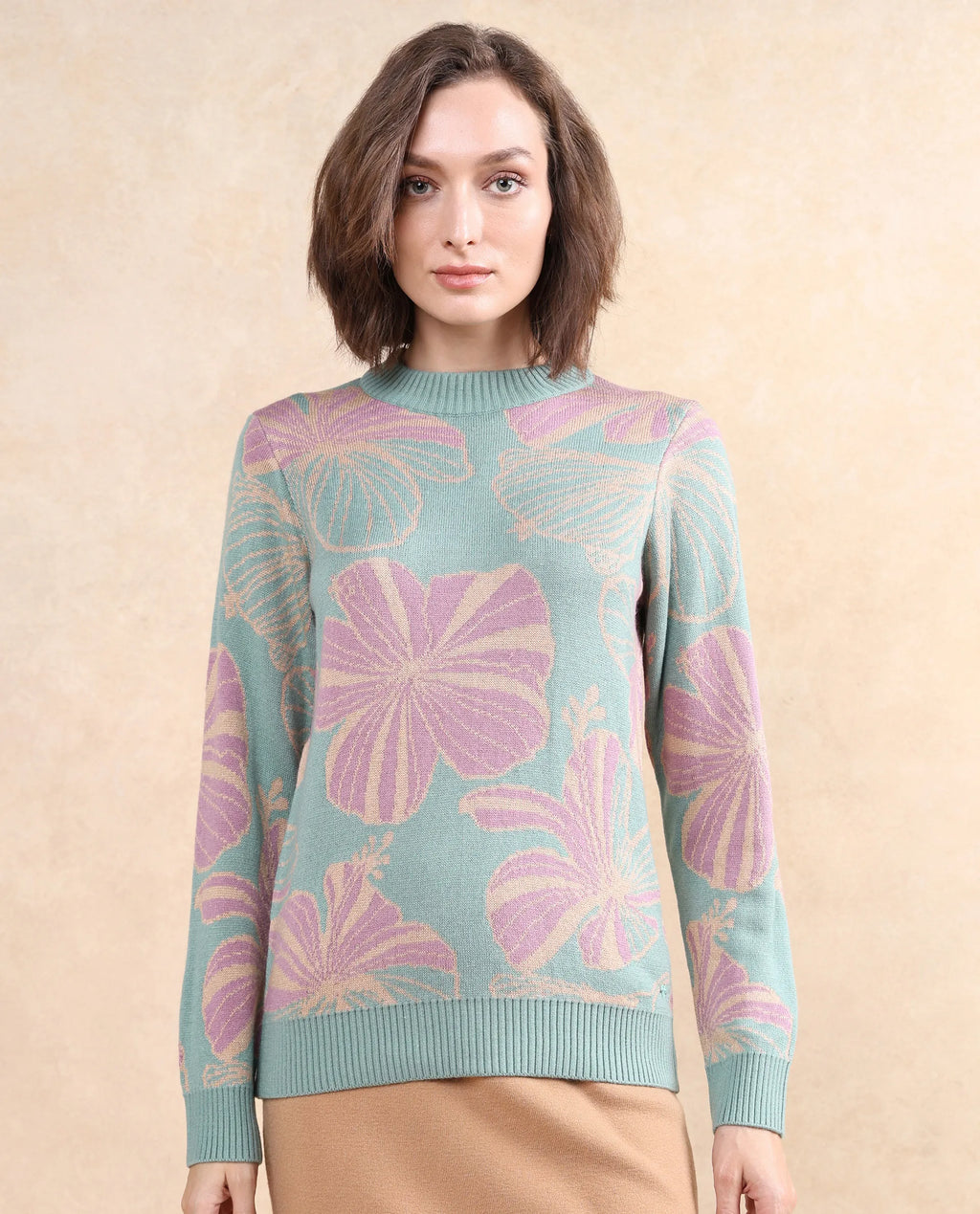 Rareism Women's Lakent Light Blue Acrylic Crew Neck Jacquard Regular Fit Sweater