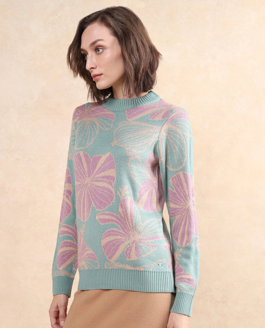 Rareism Women's Lakent Light Blue Acrylic Crew Neck Jacquard Regular Fit Sweater