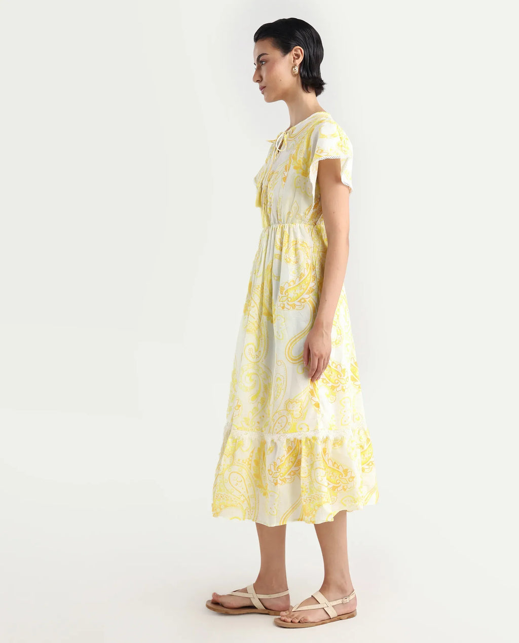 Rareism Women's Lammer Light Yellow Cotton Tie-Up Neck Paisley Print Extended Sleeves Maxi Relaxed Fit Dress