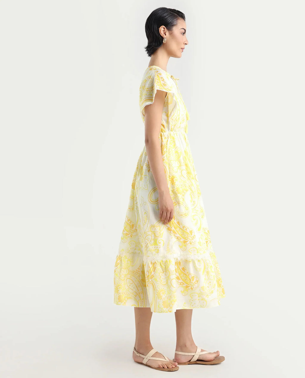 Rareism Women's Lammer Light Yellow Cotton Tie-Up Neck Paisley Print Extended Sleeves Maxi Relaxed Fit Dress