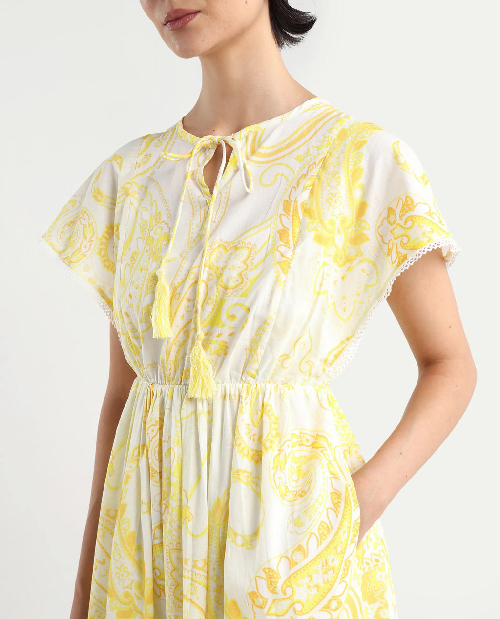 Rareism Women's Lammer Light Yellow Cotton Tie-Up Neck Paisley Print Extended Sleeves Maxi Relaxed Fit Dress