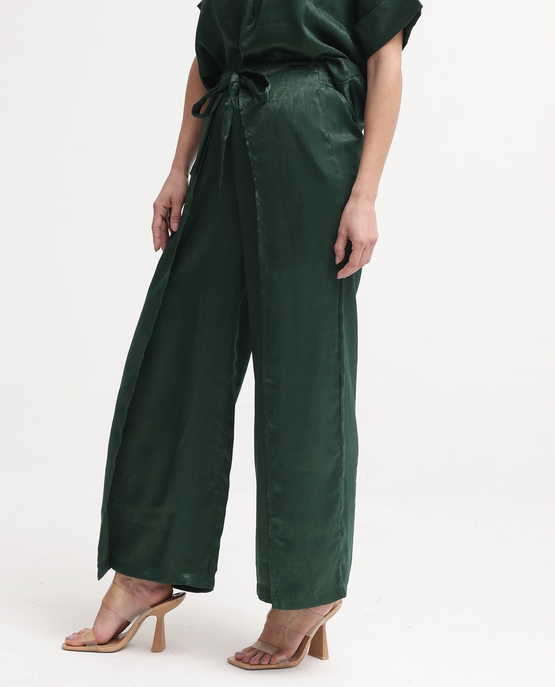 Rareism Women's Lamona-B Dark Green Polyester Plain Ankle Length Wide Trouser