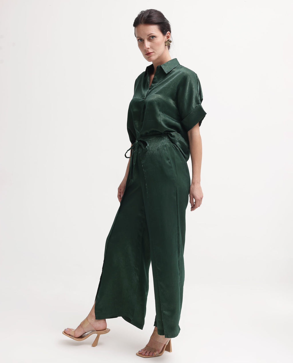Rareism Women's Lamona-B Dark Green Polyester Plain Ankle Length Wide Trouser
