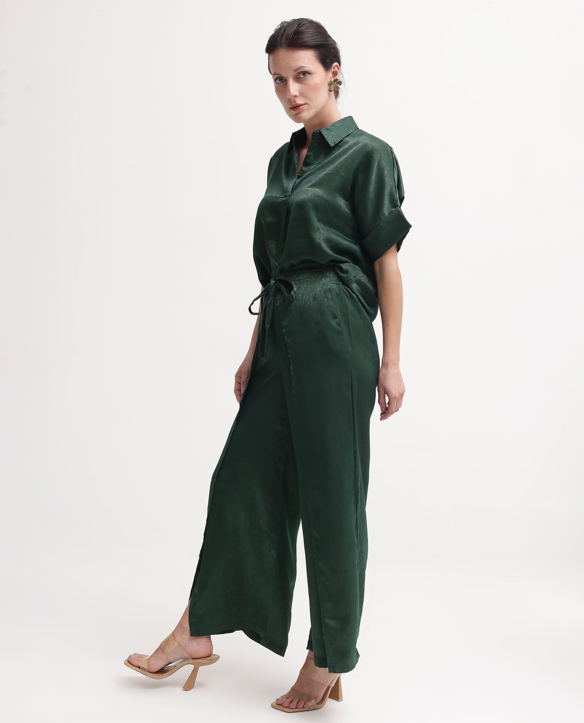 Rareism Women's Lamona-B Dark Green Polyester Plain Ankle Length Wide Trouser