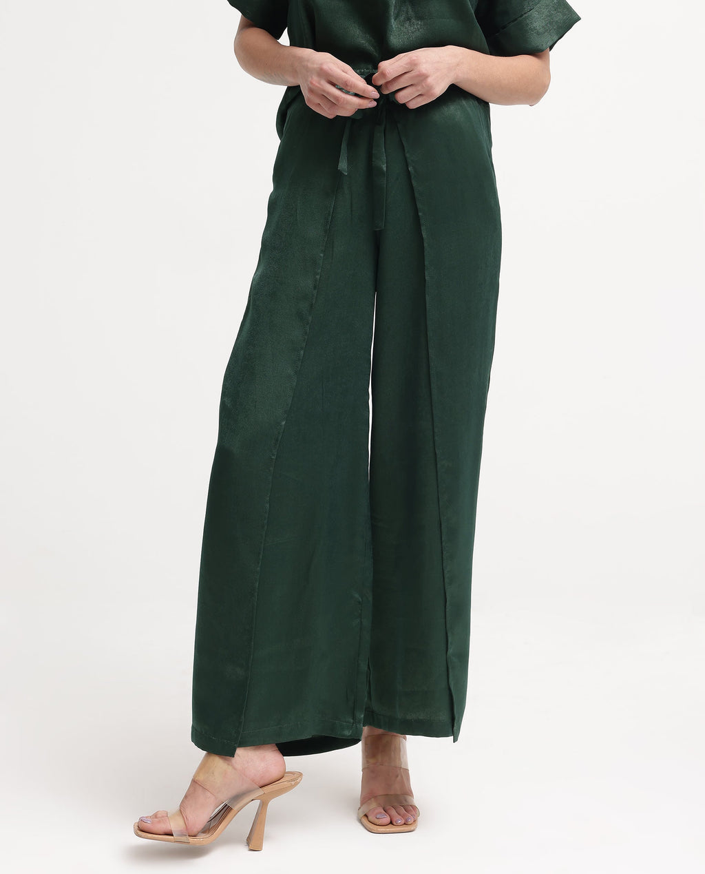 Rareism Women's Lamona-B Dark Green Polyester Plain Ankle Length Wide Trouser