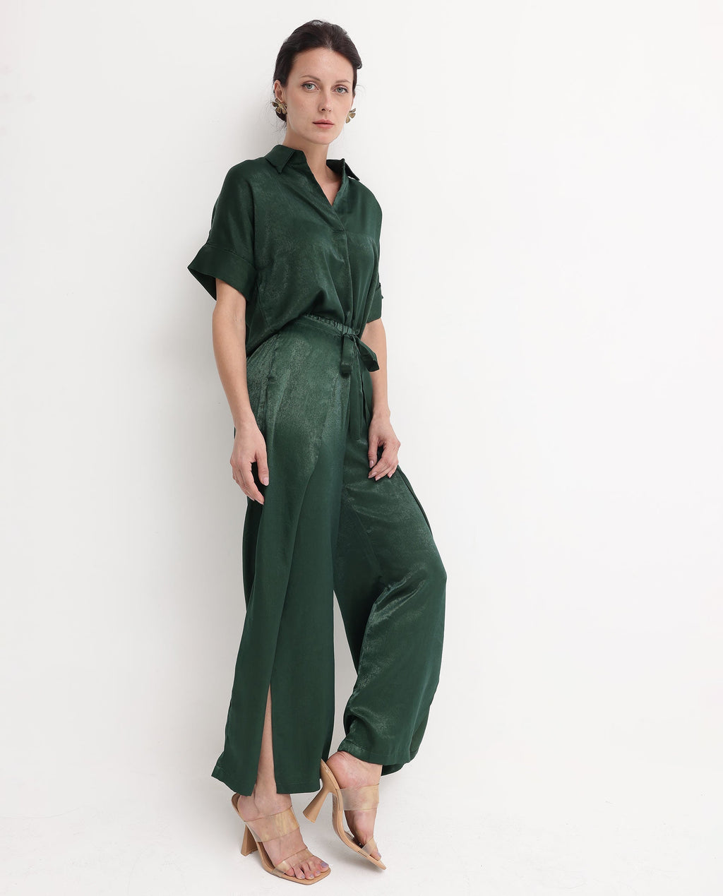 Rareism Women's Lamona-B Dark Green Polyester Plain Ankle Length Wide Trouser