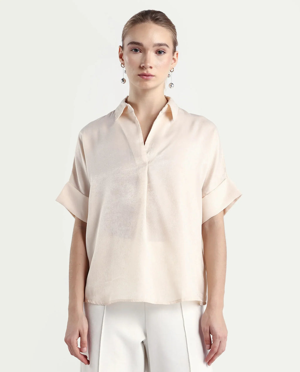 Rareism Women's Lamona T Beige Satin Drop Collar Plain Extended Sleeves Boxy Fit Top