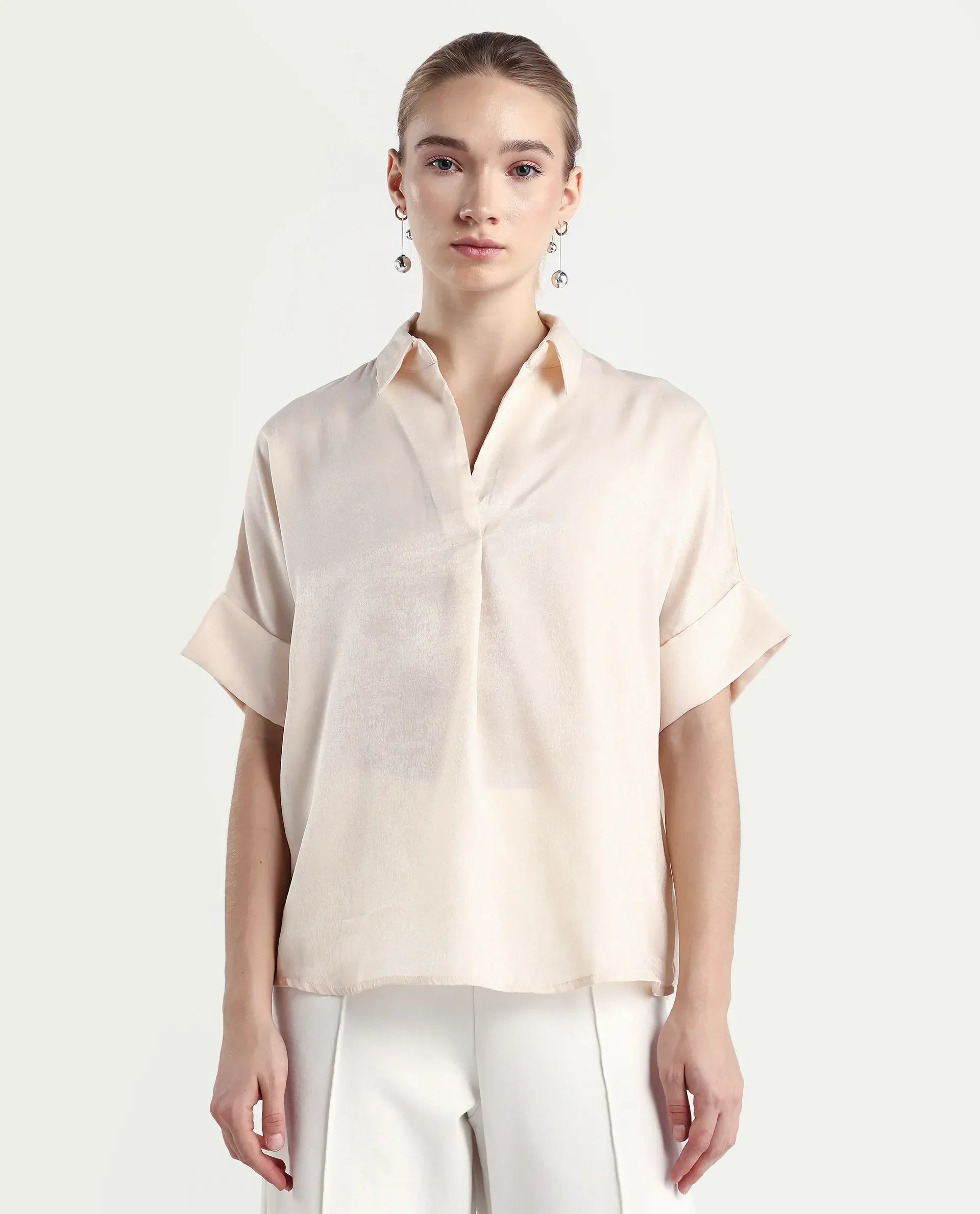 Rareism Women's Lamona T Beige Satin Drop Collar Plain Extended Sleeves Boxy Fit Top