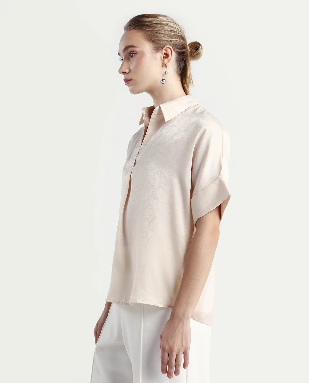 Rareism Women's Lamona T Beige Satin Drop Collar Plain Extended Sleeves Boxy Fit Top