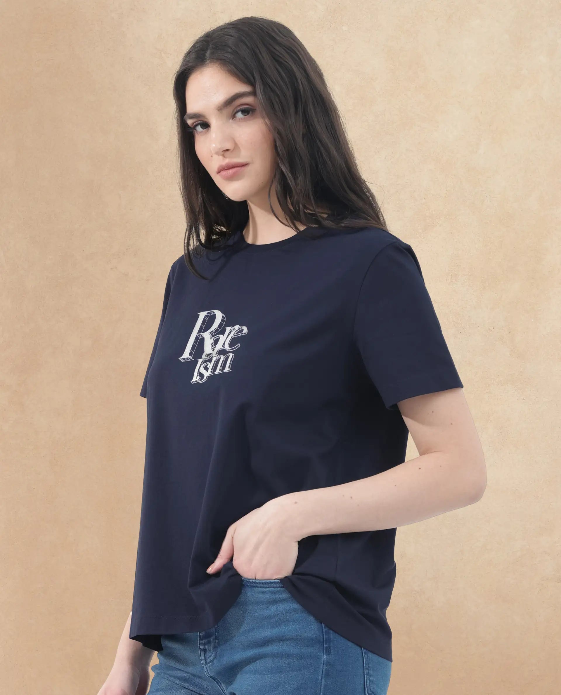 Rareism Women's Lany Dark Navy Cotton Blend Crew Neck Graphic Print Regular Fit T-Shirt