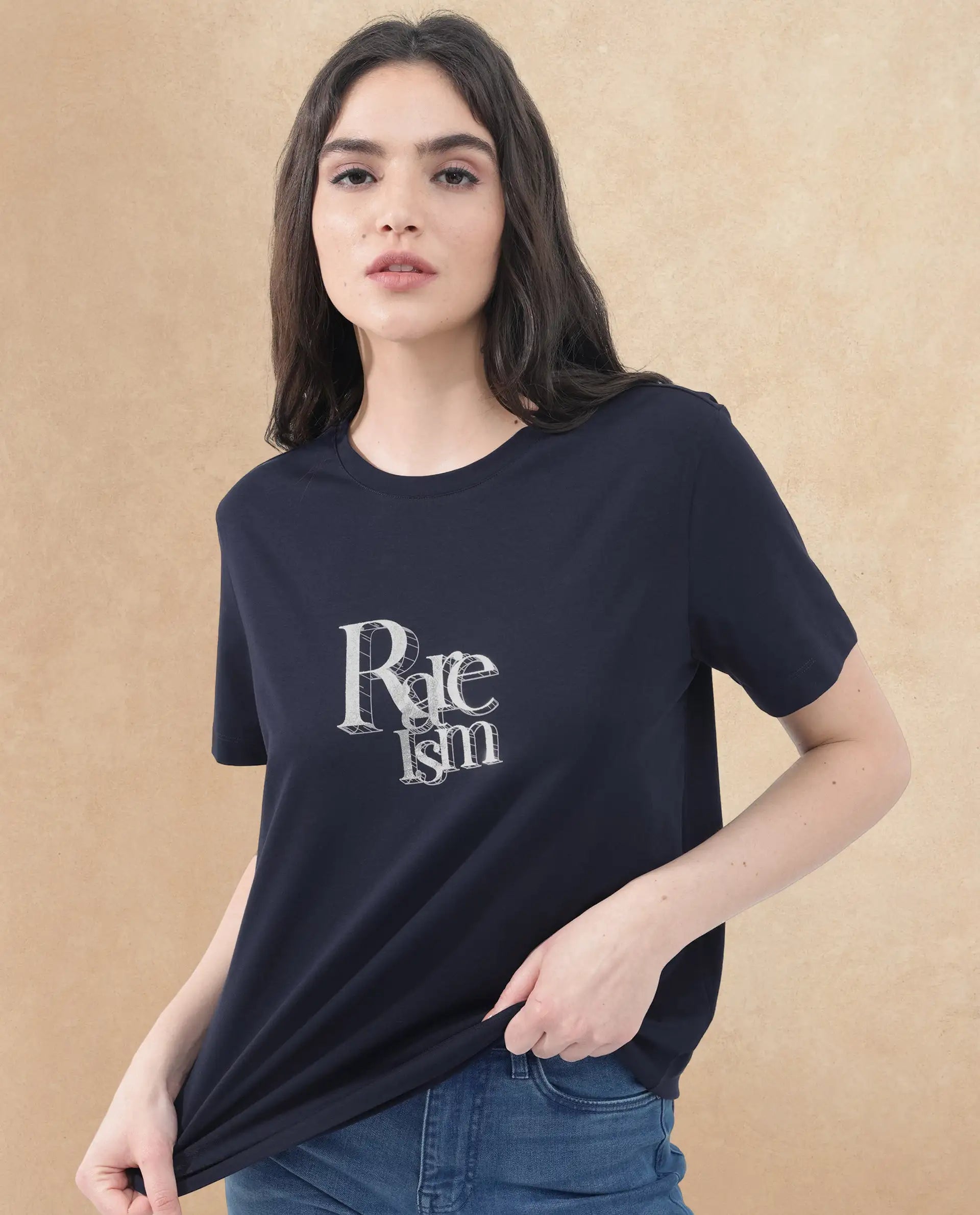 Rareism Women's Lany Dark Navy Cotton Blend Crew Neck Graphic Print Regular Fit T-Shirt