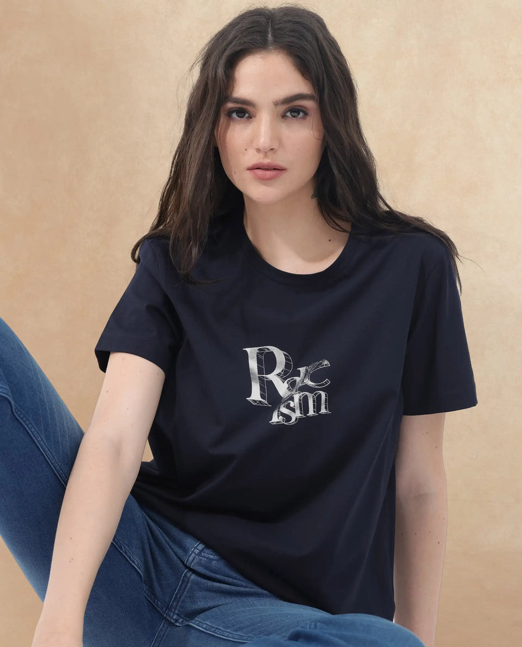 Rareism Women's Lany Dark Navy Cotton Blend Crew Neck Graphic Print Regular Fit T-Shirt