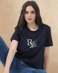 Rareism Women's Lany Dark Navy Cotton Blend Crew Neck Graphic Print Regular Fit T-Shirt