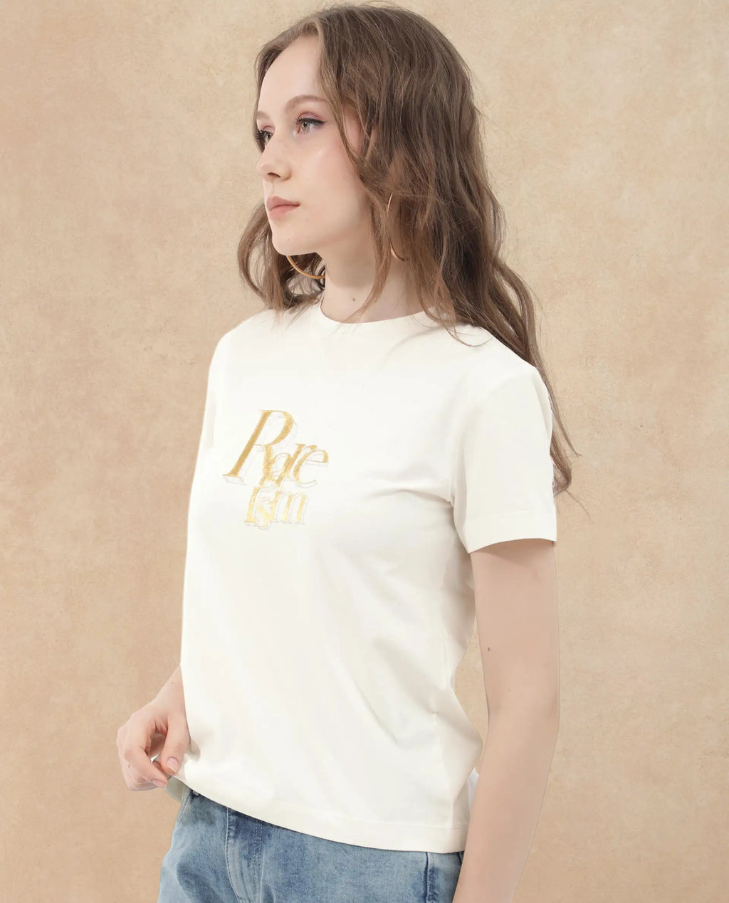 Rareism Women's Lany Off White Cotton Blend Crew Neck Graphic Print Regular Fit T-Shirt