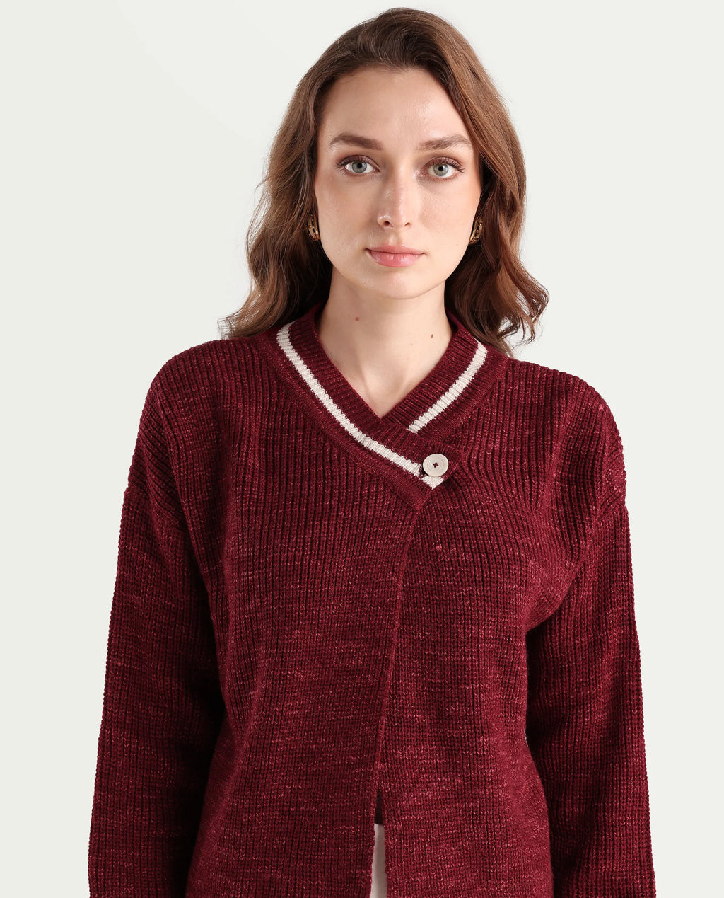 Rareism Women's Lapez Red Overlap Neck Plain Relaxed Fit Shrug