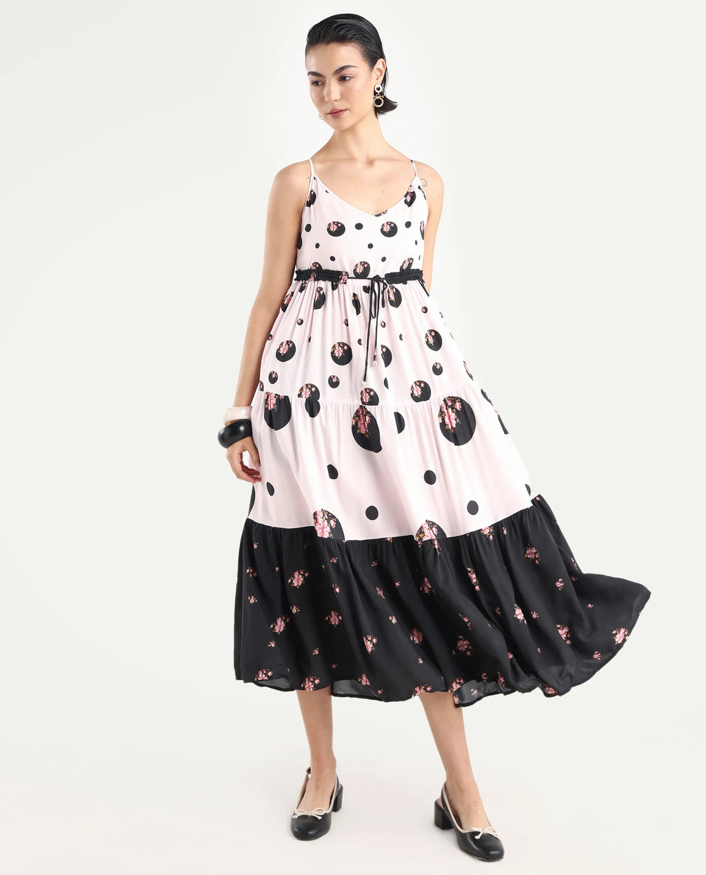 Rareism Women's Lavandula Pink Polyester Shoulder Strap Polka Print Shoulder Strap Midi Relaxed Fit Dress