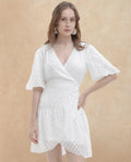 Rareism Women's Lavelle White Cotton Overlap Neck Jacquard Balloon Sleeve Mini Fit And Flare Dress