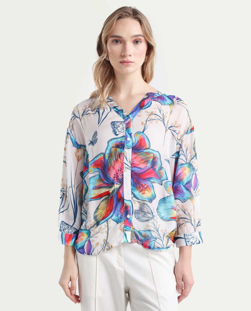 Rareism Women's Layton Multi Rayon Mandarin Collar Floral Print Cuffed Sleeve Relaxed Fit Top