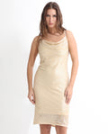 Rareism Women's Leah Sheen Off White Polyester Shoulder Strap Sequined Shoulder Strap Knee Length Regular Fit Dress