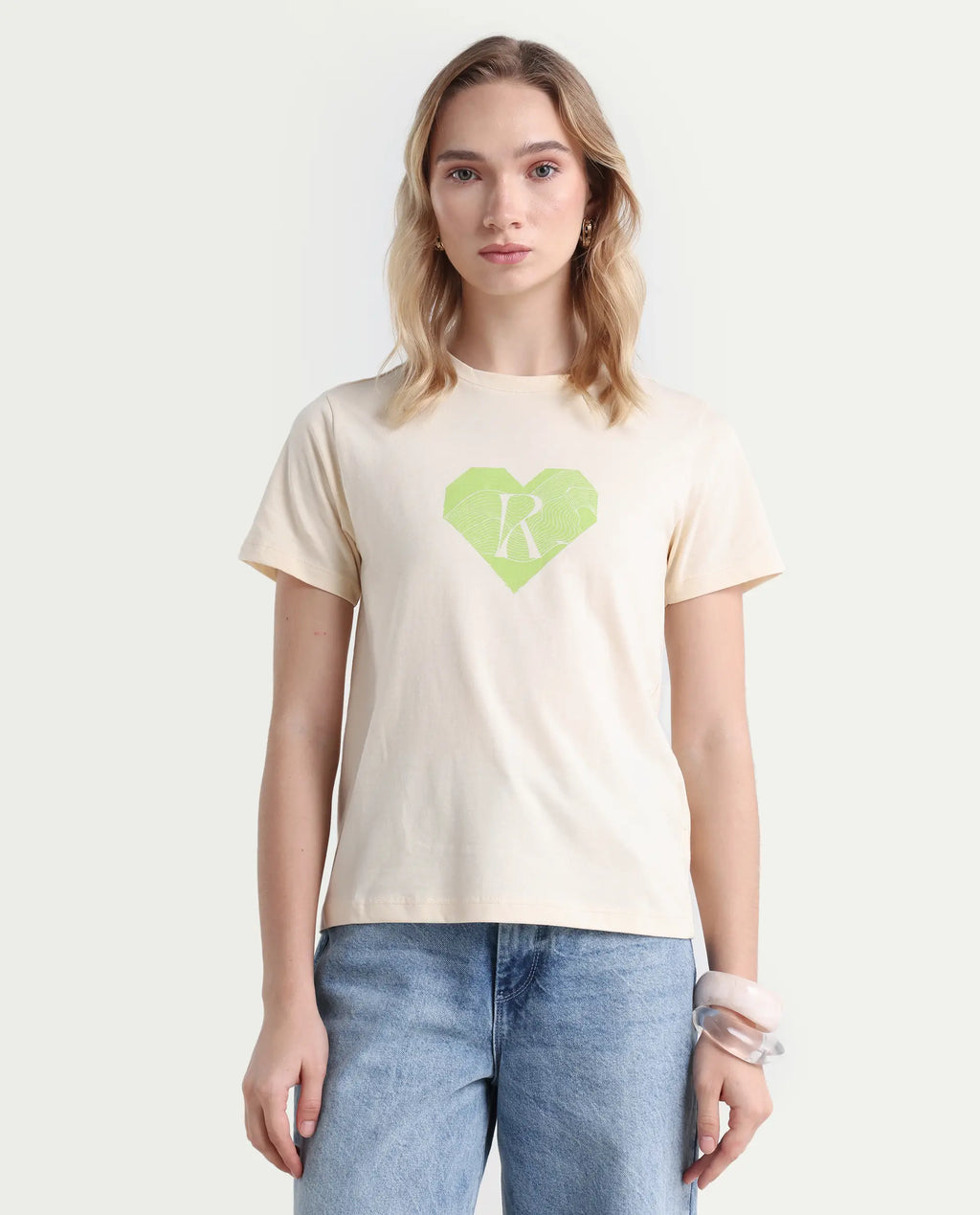 Rareism Women's Lee Light Beige Cotton Blend Crew Neck Graphic Print Regular Fit T-Shirt