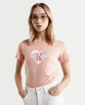 Rareism Women's Lee Light Peach Cotton Blend Crew Neck Graphic Print Regular Fit T-Shirt