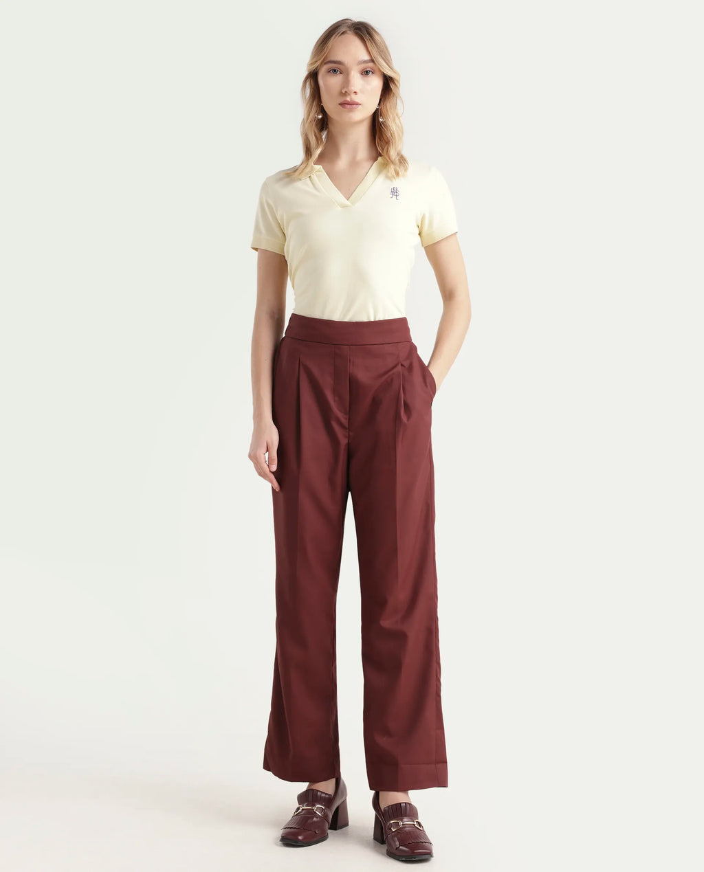 Rareism Women's Leezo Brown Polyester Blend Plain Ankle Length Straight Fit Trouser