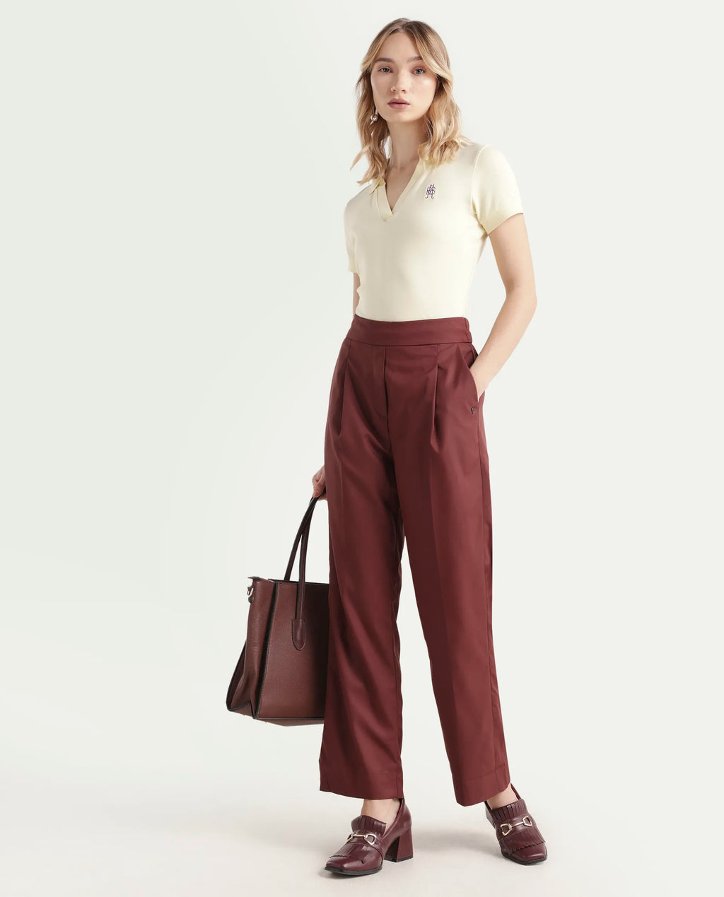 Rareism Women's Leezo Brown Polyester Blend Plain Ankle Length Straight Fit Trouser