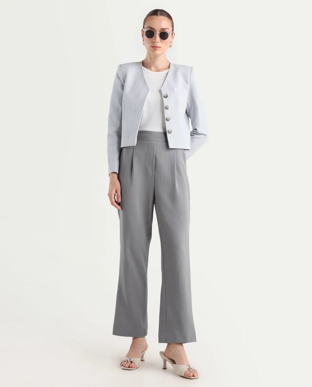 Rareism Women's Leezo Grey Polyester Blend Plain Ankle Length Straight Fit Trouser