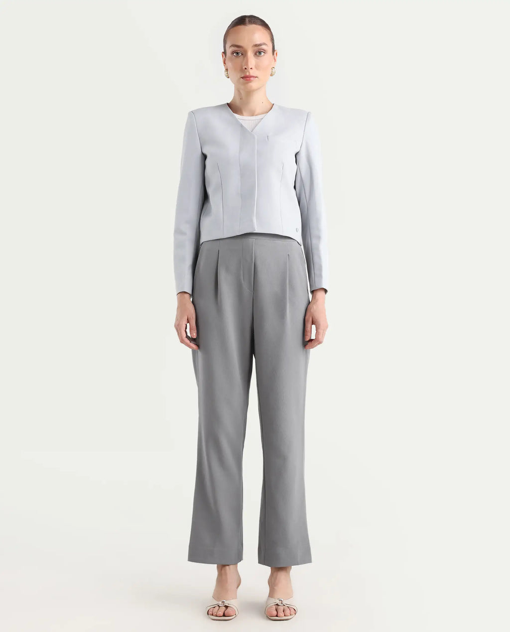 Rareism Women's Leezo Grey Polyester Blend Plain Ankle Length Straight Fit Trouser