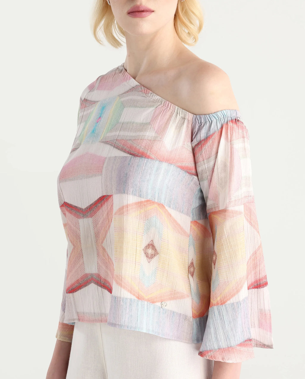 Rareism Women's Leightono Sc Dusky Multi Cotton Blend One Shoulder Abstract Print Raglan Sleeve Regular Fit Top