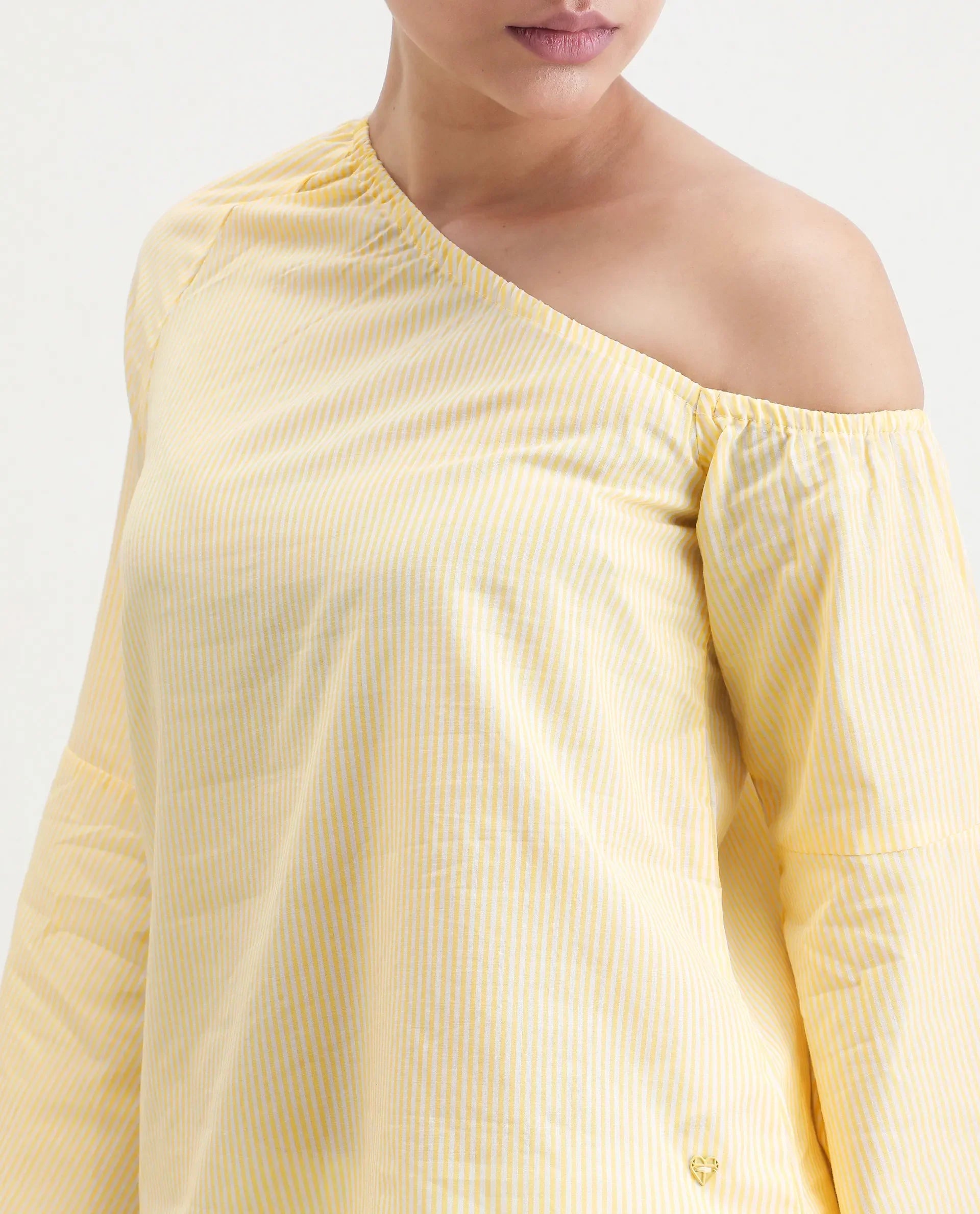 Rareism Women's Leighton Pastel Yellow Cotton One Shoulder Striped Raglan Sleeve Regular Fit Top