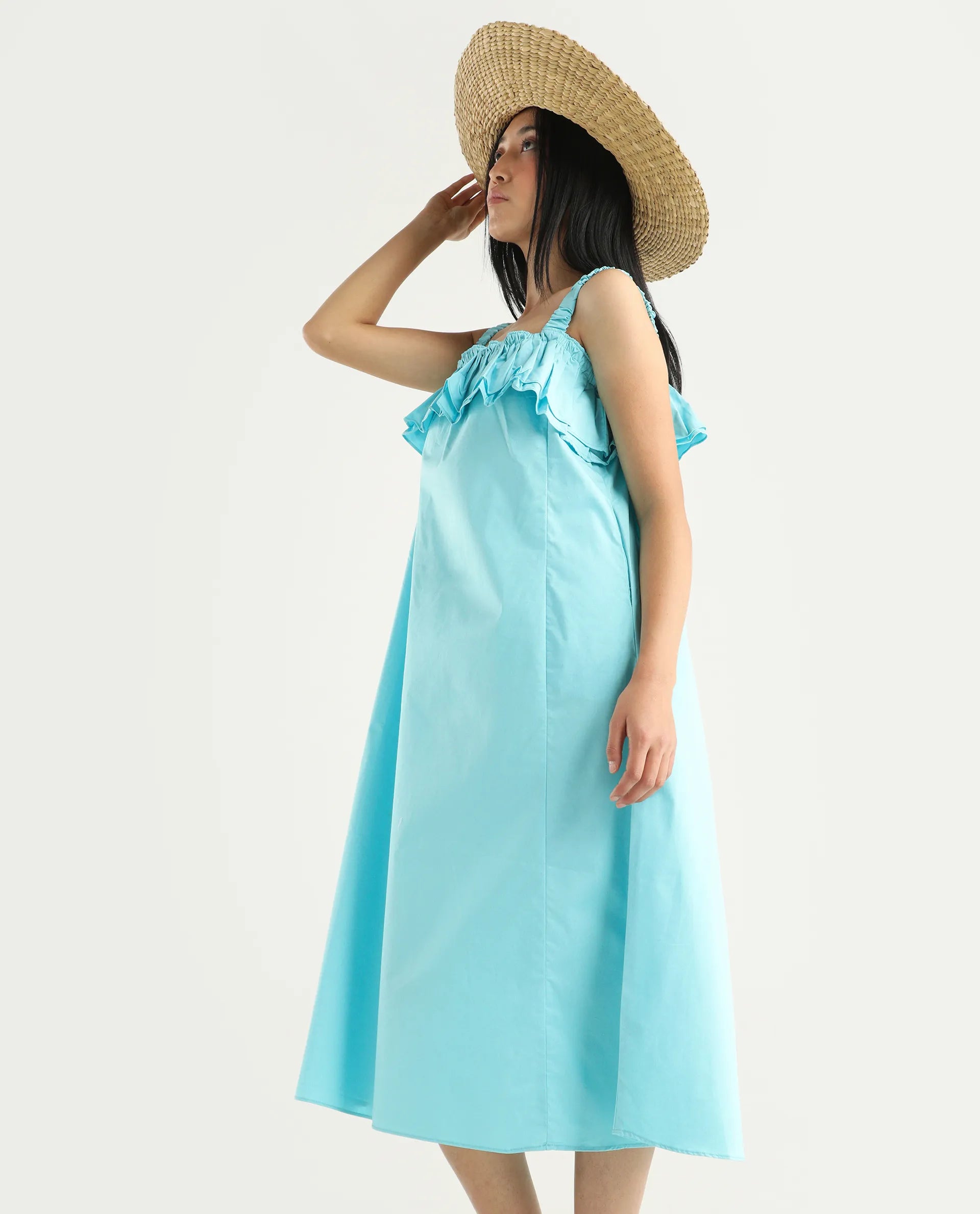 Rareism Women's Lens Blue Cotton Blend Shoulder Strap Plain Sleeveless Knee Length Regular Fit Dress
