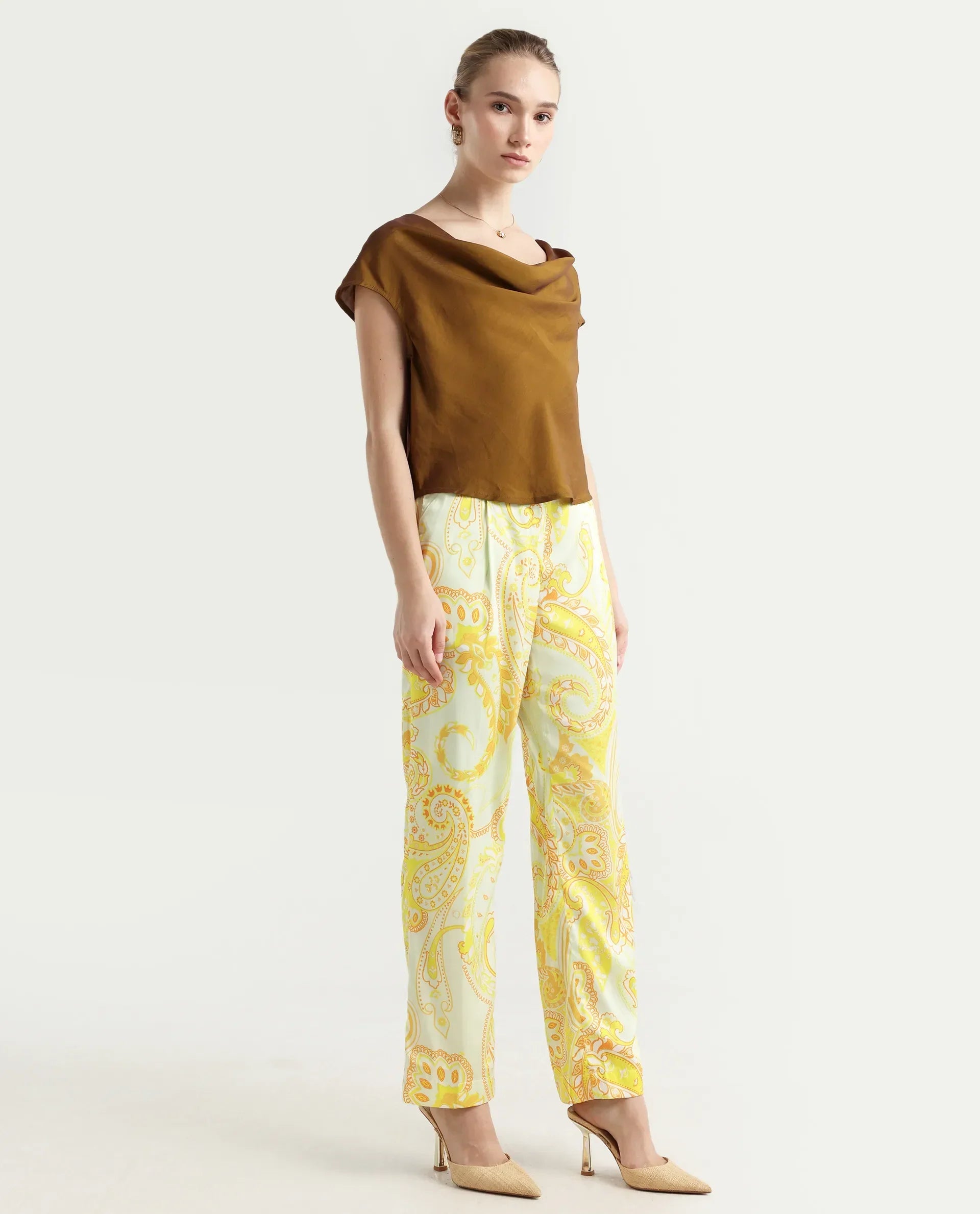 Rareism Women's Lenzet Yellow Polyester Paisley Print Ankle Length Relaxed Fit Trouser