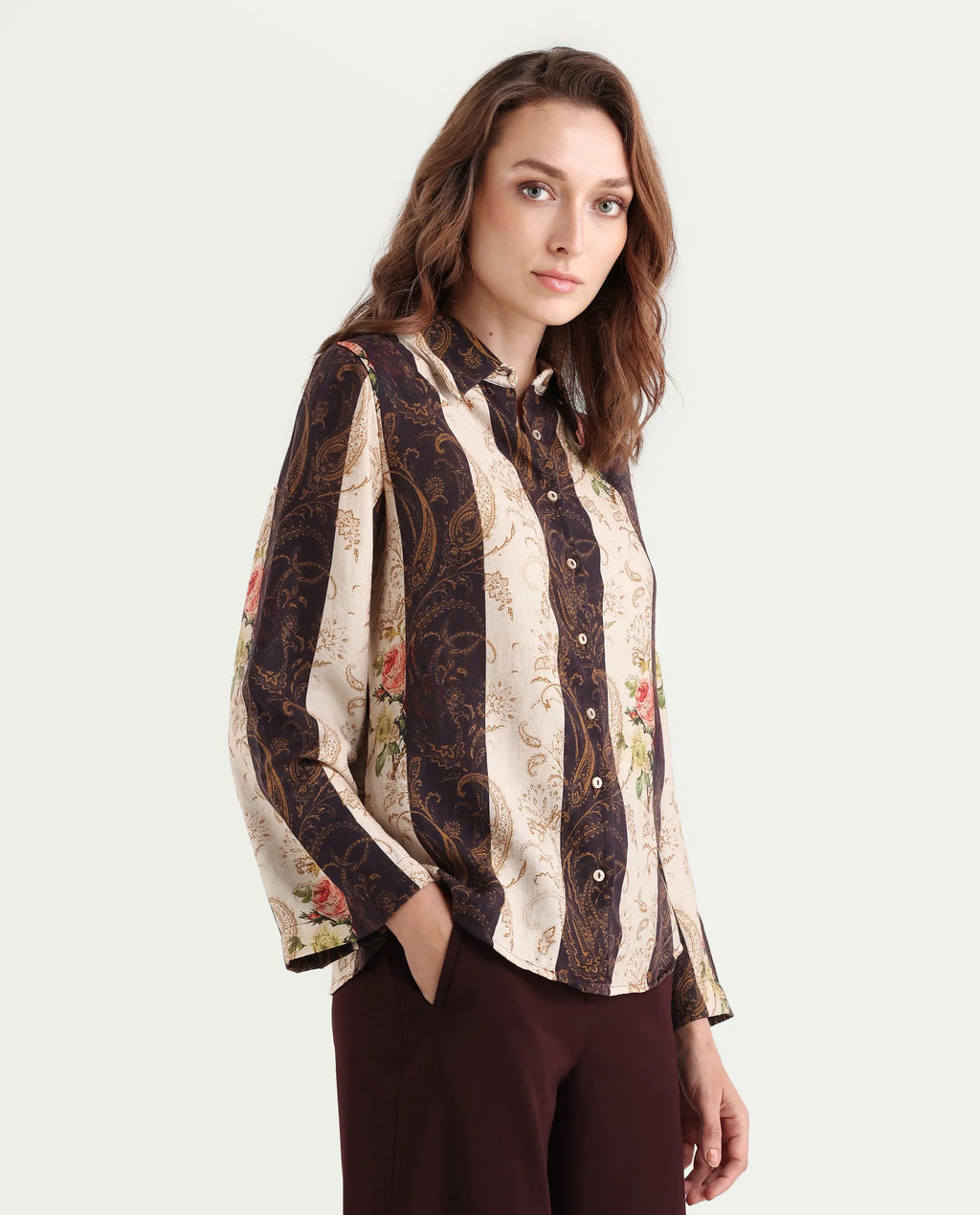 Rareism Women's Lesent Multi Viscose Blend Drop Collar Paisley Print Cuffed Sleeve Regular Fit Top