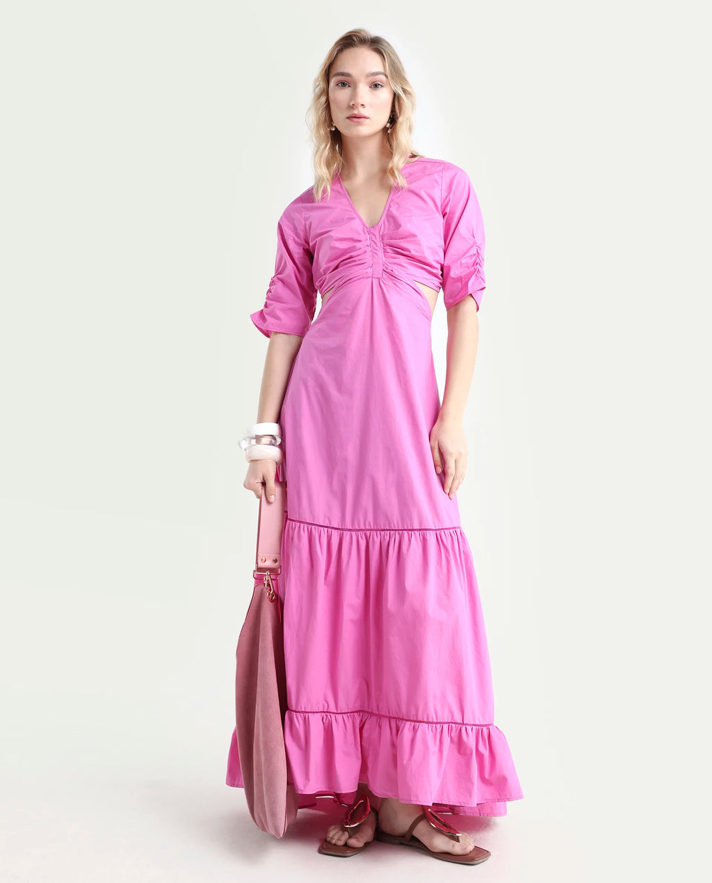 Rareism Women's Lesman Pink Cotton V-Neck Plain Puff Sleeves Maxi Fit And Flare Dress