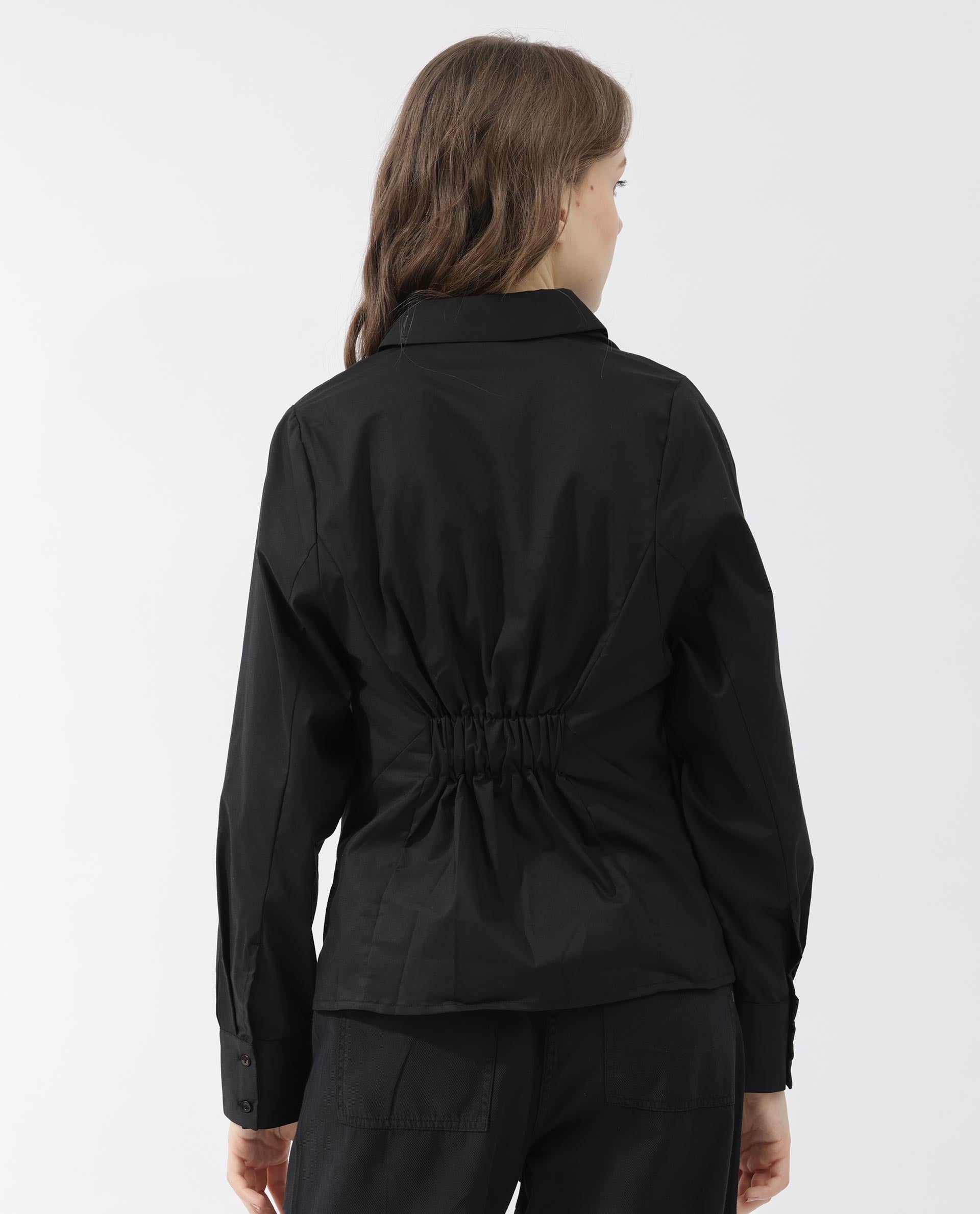 Rareism Women's Letizia Black Cotton Blend Spread Collar Plain Relaxed Fit Shirt