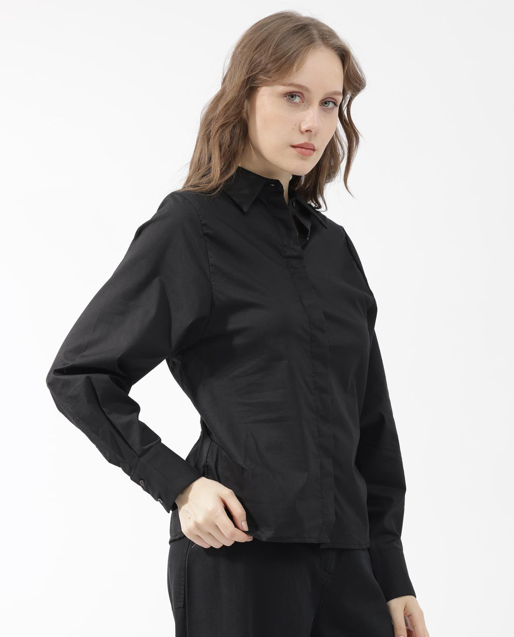 Rareism Women's Letizia Black Cotton Blend Spread Collar Plain Relaxed Fit Shirt