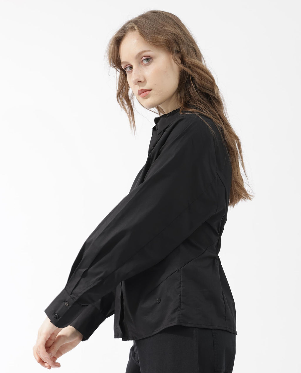 Rareism Women's Letizia Black Cotton Blend Spread Collar Plain Relaxed Fit Shirt