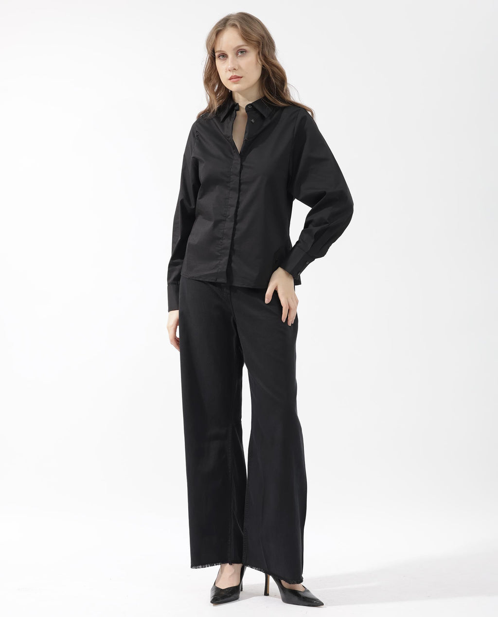 Rareism Women's Letizia Black Cotton Blend Spread Collar Plain Relaxed Fit Shirt
